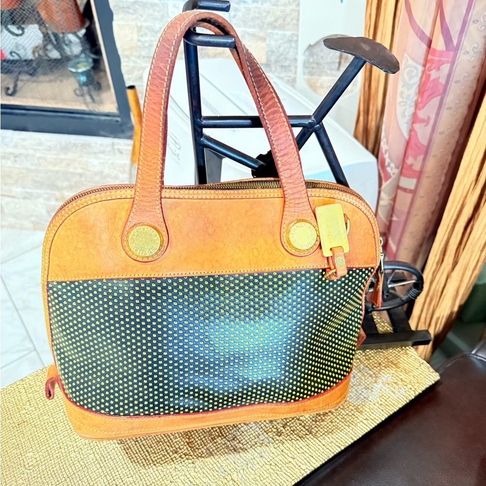 Two-Tone Brown and Black Polka-Dot Structured Satchel